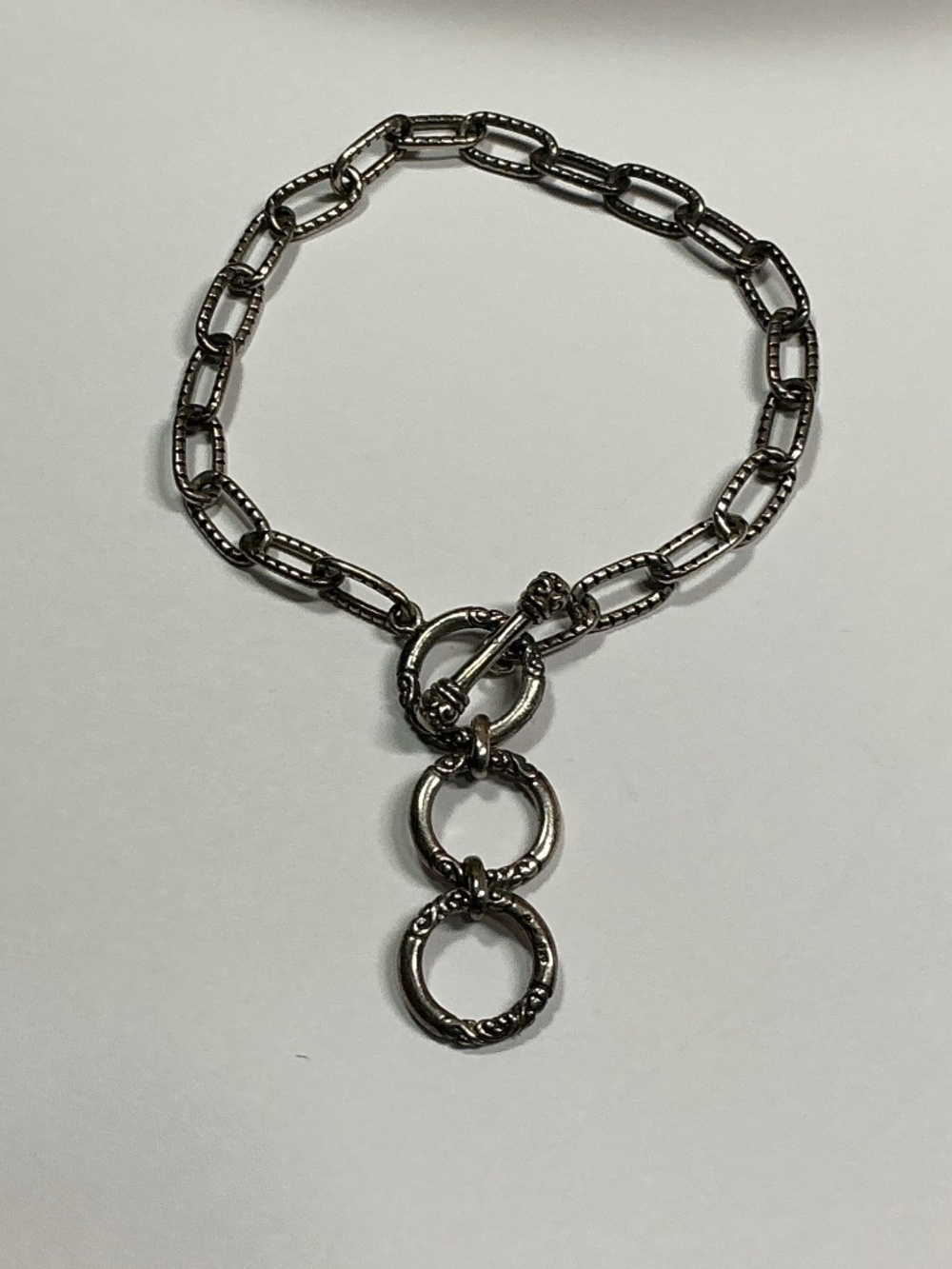 Sterling Silver Etched Paper Clip Link Bracelet W/ Toggle Clasp. 7, 7.5 or 8”